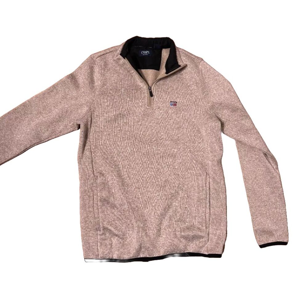 Chaps Quarter Zip Sweater Tan - Fleece Lined - Brown Beige - Mens Medium 1/4 Zip